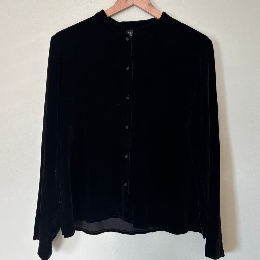 Eileen Fisher Black Velvet Blouse Medium Whimsey Goth Button Down